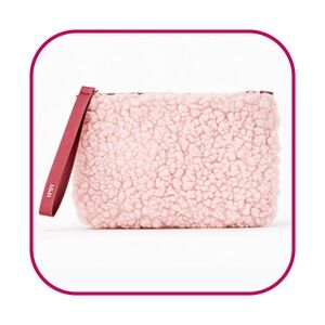 NEW IPSY Pink Sherpa Cosmetic Pouch W/Burgundy Wristlet Strap & Gold Zipper Glam